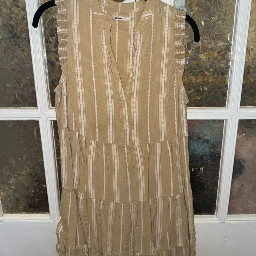 Beige Striped Sleeveless Mini Dress